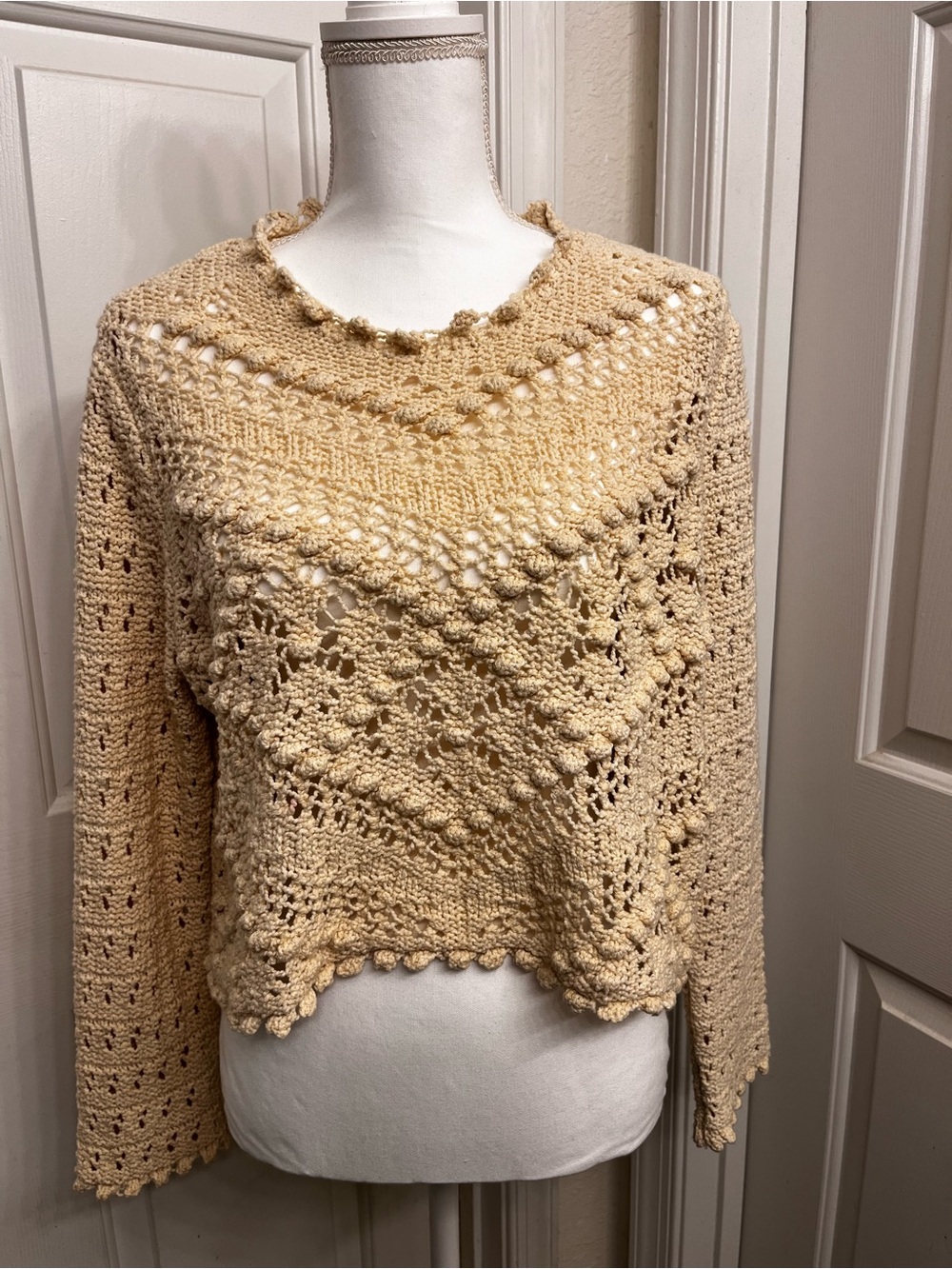 Zara Cream Crochet Scoopneck Knit Sweater